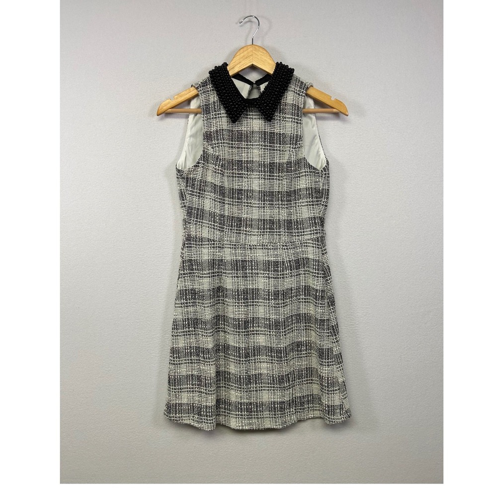 Dark Academia Francesca's Women Small Black White Plaid Beaded Tweed Shift Dress
